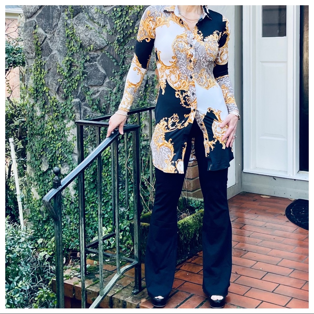 Black chic cotton blend bell flare pants - Picture 4 of 6